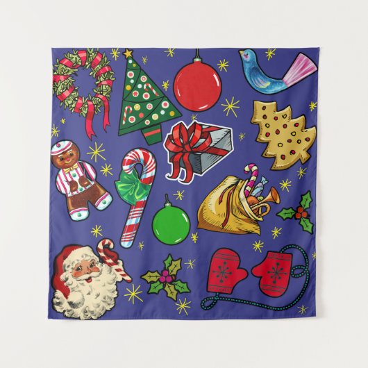 Retro Kerst  Kleurrijk Blauw Rood Groen Wandkleed (Voorkant)