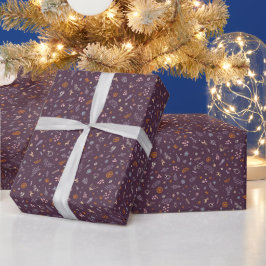 Retro Kerst Krabbels in Diep Pr Plum Paars Cadeaupapier