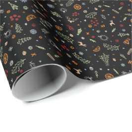 Retro Kerst Krabbels in Puur Zwart Cadeaupapier