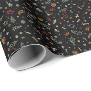 Retro Kerst Krabbels in Puur Zwart Cadeaupapier