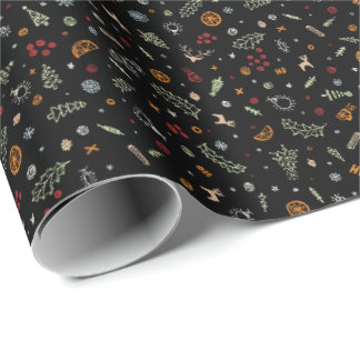 Retro Kerst Krabbels in Puur Zwart Cadeaupapier