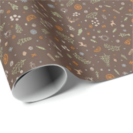 Retro Kerst Krabbels in Warm Middelbruin Cadeaupapier