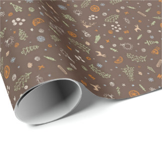Retro Kerst Krabbels in Warm Middelbruin Cadeaupapier