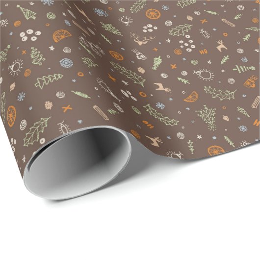 Retro Kerst Krabbels in Warm Middelbruin Cadeaupapier (Rol Hoek)