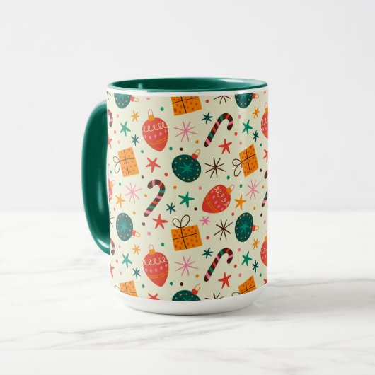 Retro Kerst Ornament en Cadeaupatroon Mok (Voorkant links)