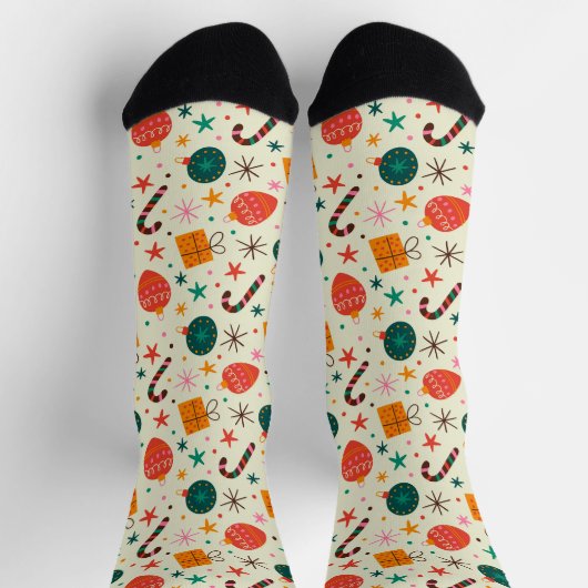 Retro Kerst Ornament en Cadeaupatroon Sokken (Top)