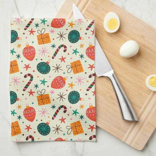 Retro Kerst Ornament en Cadeaupatroon Theedoek (Quarter Fold)