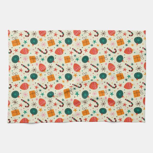 Retro Kerst Ornament en Cadeaupatroon Theedoek (Horizontaal)