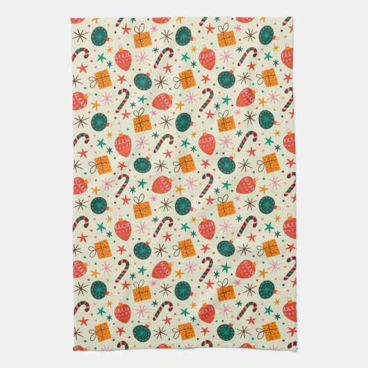 Retro Kerst Ornament en Cadeaupatroon Theedoek (Verticaal)