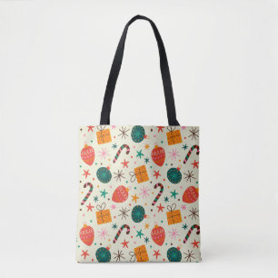 Retro Kerst Ornament en Cadeaupatroon Tote Bag