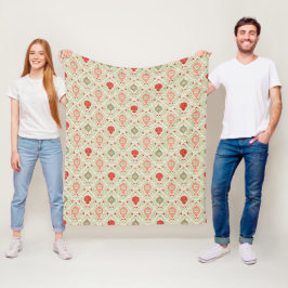 Retro Kerst Ornament Roze, Rood, Groen  Fleece Deken