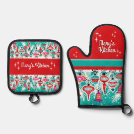 Retro Kerst Ornamente - Aanpasbaar Ovenwant & Pannenlap Set