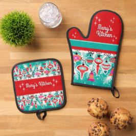 Retro Kerst Ornamente - Aanpasbaar Ovenwant & Pannenlap Set