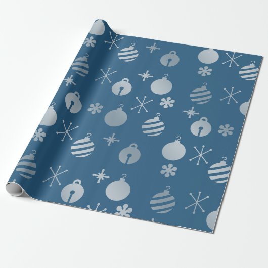 Retro Kerst Ornamenten Blauw Zilver Cadeaupapier (Uitgerold)