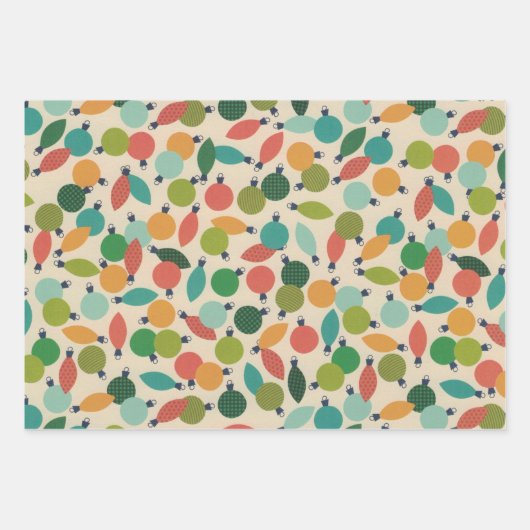 Retro Kerst Ornamenten en Lichten Inpakpapier Vel (Voorkant 3)