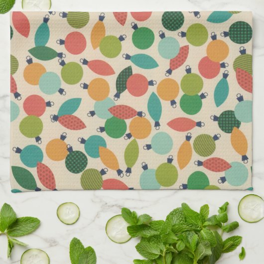 Retro Kerst Ornamenten en Lichten Theedoek (Gevouwen)