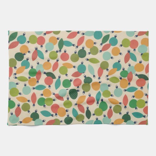 Retro Kerst Ornamenten en Lichten Theedoek (Horizontaal)