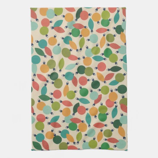 Retro Kerst Ornamenten en Lichten Theedoek (Verticaal)