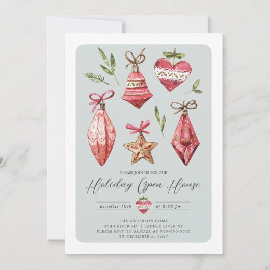 Retro Kerst Ornamenten Vakantie Open Huis Kaart (Voorkant)