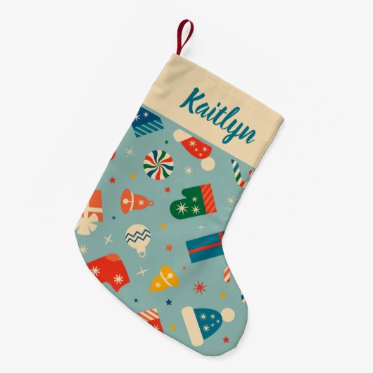 Retro Kerst Patroon Aangepaste naam Kleine Kerstsok (Voorkant (Hangend))