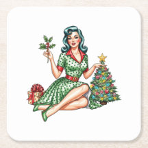 Retro Kerst Pin-Up Papieren Onderzetter