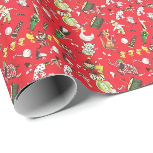 Retro Kerst Pluche Dieren Poppen Trommel Bal Cadeaupapier (Rol Hoek)