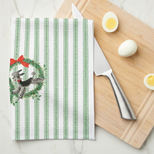 Retro Kerst Poedels groen en witte streep Theedoek (Quarter Fold)