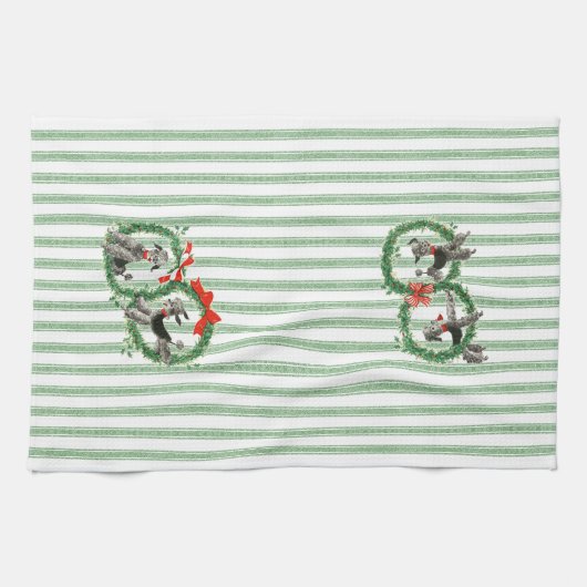 Retro Kerst Poedels groen en witte streep Theedoek (Horizontaal)