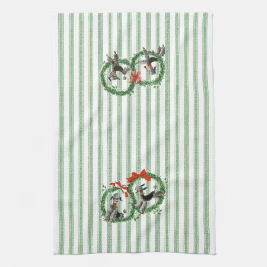 Retro Kerst Poedels groen en witte streep Theedoek (Verticaal)