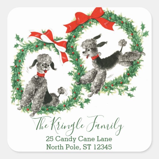 Retro kerst  poedels retouradres vierkante sticker (Voorkant)