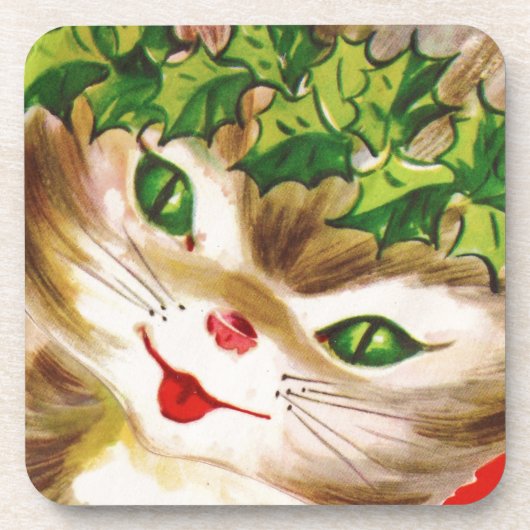 retro Kerst poes Bier Onderzetter (Voorkant)