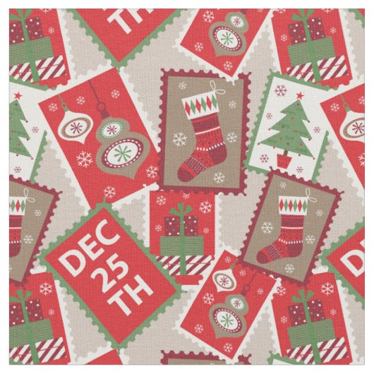 Retro Kerst Postzegel Collage Stof (Close Up)