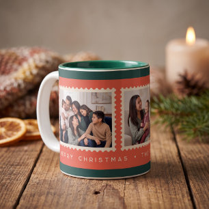 Retro Kerst Postzegel Fotocollage Tweekleurige Koffiemok