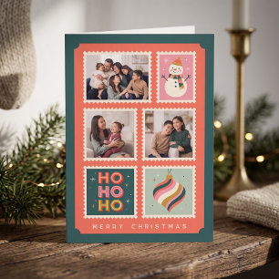 Retro Kerst Postzegel Rand Foto Collage Feestdagen Kaart