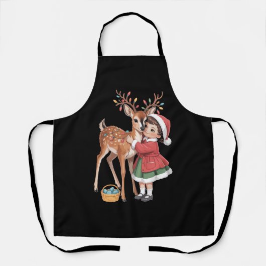 Retro Kerst Reindeer En Meisje Kerstmis Schort (Voorkant)