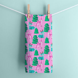  Retro Kerst Rendier op Roze Theedoek