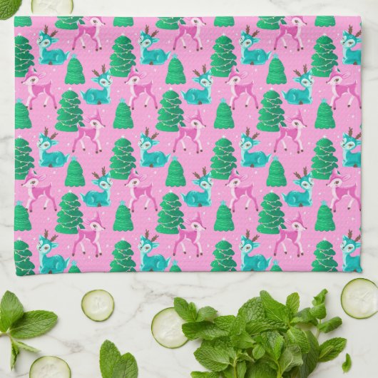 Retro Kerst Rendier op Roze Theedoek (Gevouwen)