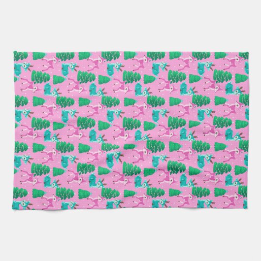 Retro Kerst Rendier op Roze Theedoek (Horizontaal)