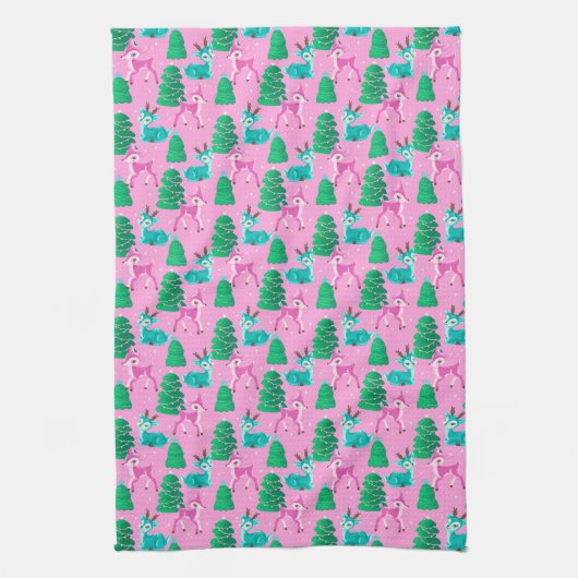 Retro Kerst Rendier op Roze Theedoek (Verticaal)