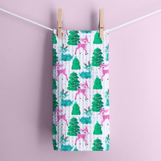 Retro Kerst Rendier op Wit Theedoek