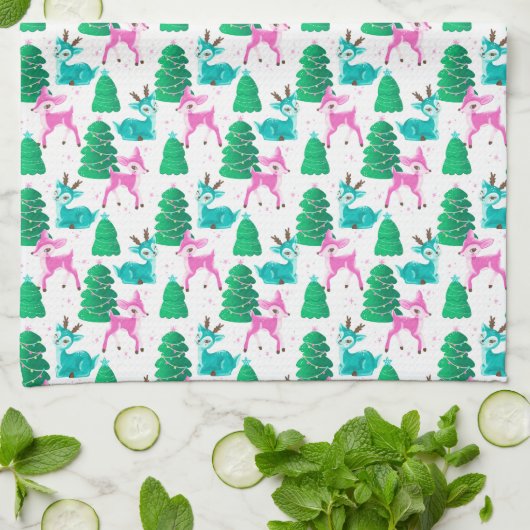  Retro Kerst Rendier op Wit Theedoek (Gevouwen)