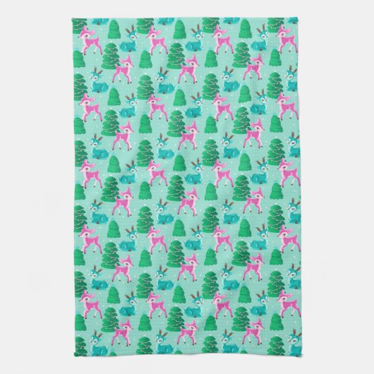 Retro Kerst Rendieren op Aqua Theedoek (Verticaal)