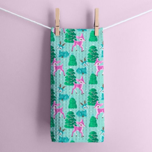 Retro Kerst Rendieren op Aqua Theedoek