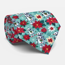 Retro Kerst Robots en Poinsettias Mint Green Stropdas