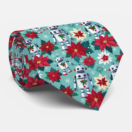 Retro Kerst Robots en Poinsettias Mint Green Stropdas (Opgerold)