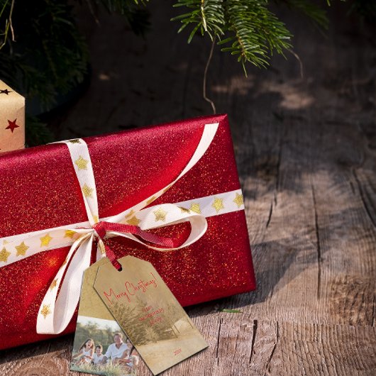 Retro Kerst rode typografie foto Gift Label Cadeaulabel