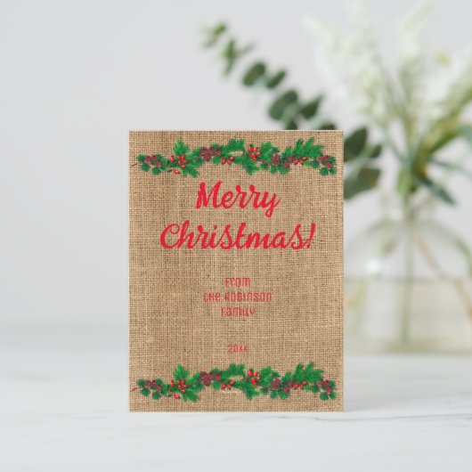 Retro Kerst rode typografie jute Briefkaart (Staand voorkant)