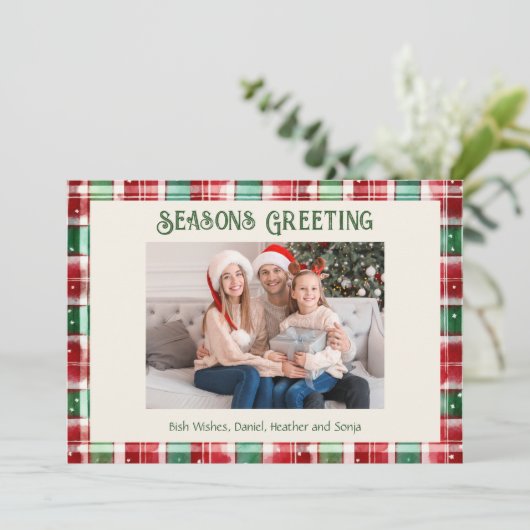 Retro Kerst Rood en Groen Geplakt Familiefoto Feestdagenkaart (Staand voorkant)