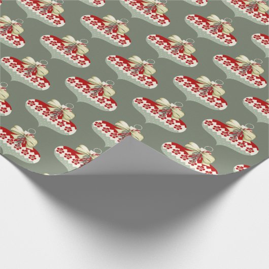 Retro Kerst Rood Wit Groen Ornament Cadeaupapier (Hoek)