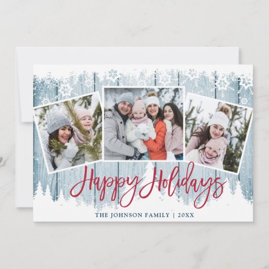 Retro Kerst Rustiek Blauw Hout 3 FOTO Groet Feestdagenkaart (Voorkant)